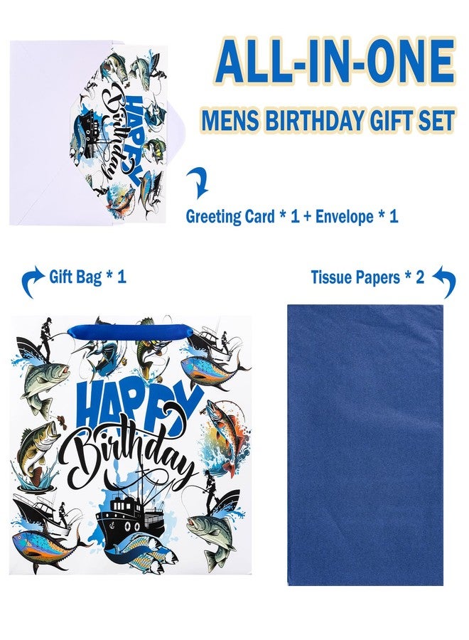 WRAPAHOLIC 13" Adventure Fishing Birthday Gift Bag with Card and Tissue Paper - Navy Blue Fish and Angler Design Paper Bags for Men Birthday Fishing Lovers - Image 3